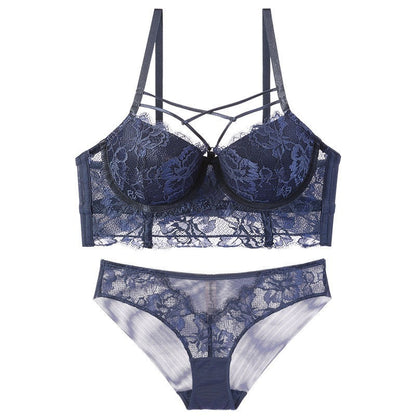 Lingerie Feminine Lace Bra Set With Underwire Bra Blue - D&A