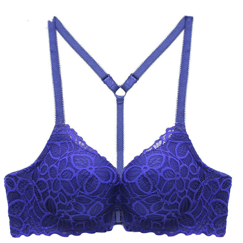 Front Button Bra Lace Without Steel Ring Bra Blue - D&A