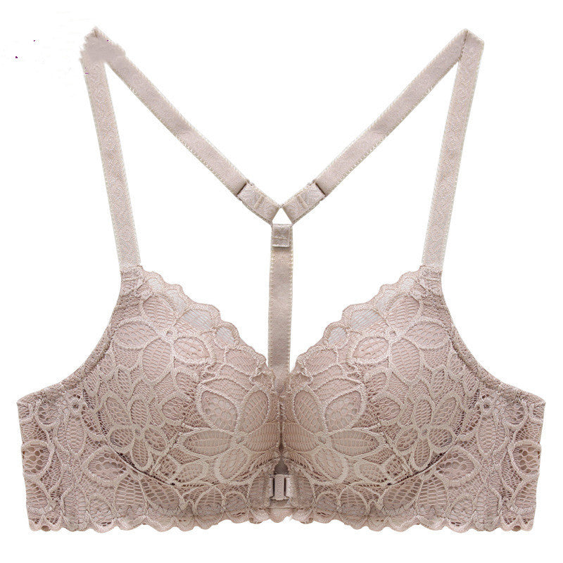 Front Button Bra Lace Without Steel Ring Bra Khaki - D&A
