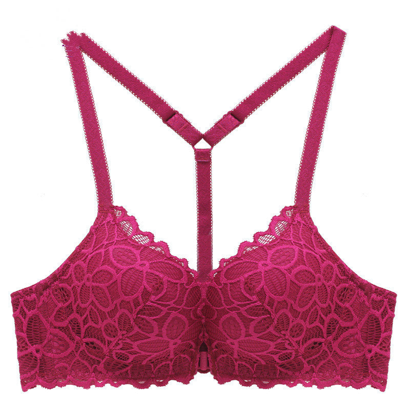 Front Button Bra Lace Without Steel Ring Bra Wine Red - D&A