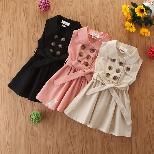 Summer Toddler Baby Girl Dress Kids Princess Casual Sleeveless Sash Button Party A-Line Dress Children Clothing 1-6Y - D&A