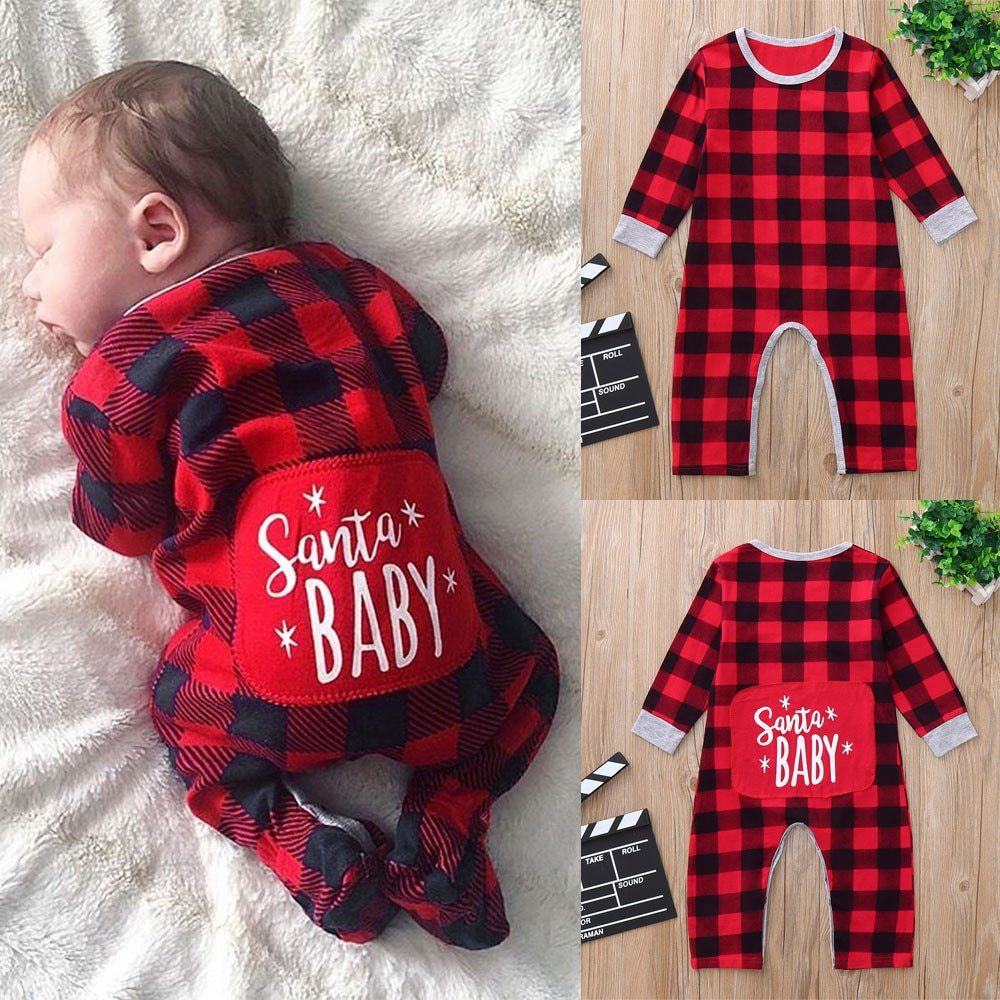 Infant Baby Boys Girls Christmas Santa XMAS Letter Plaid Romper Jumpsuit Outfits baby clothes winter clothe - D&A