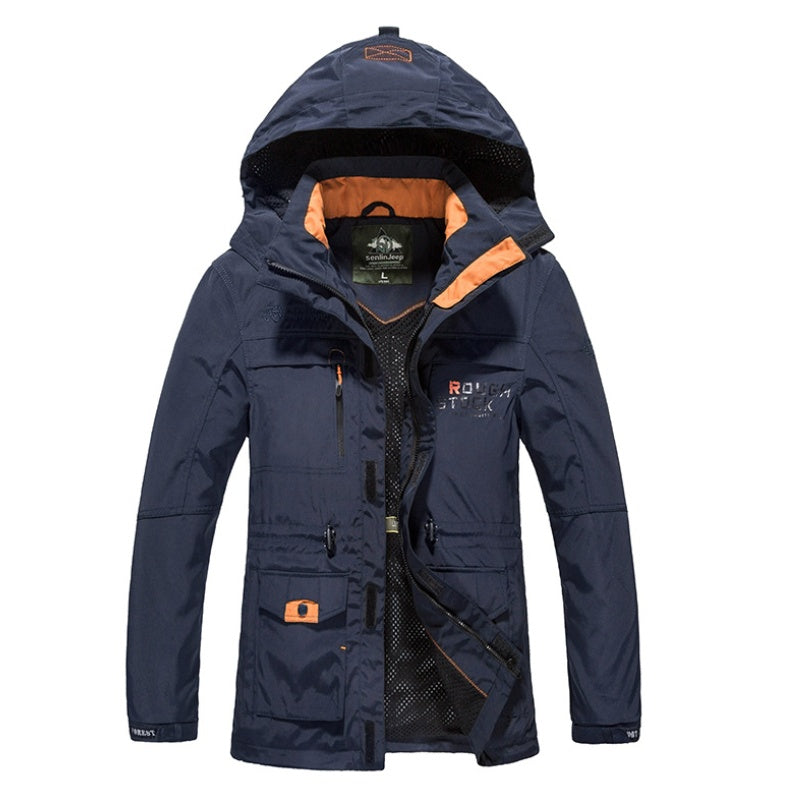 Spring thin Jacket jacket Men's casual outdoor waterproof breathable long hooded stand collar Jackets men 086 Blue - D&A