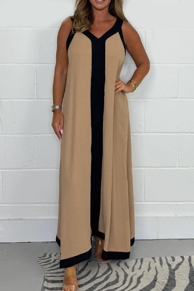 Casual Loose Contrast Color V-neck Sleeveless Long Dress Khaki - D&A