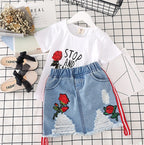 Kids Clothes White T-shirt Denim Skirt 2pcs Girls Suits Black letters - D&A