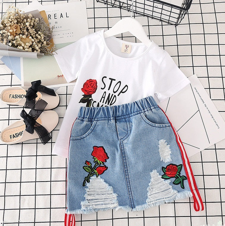 Kids Clothes White T-shirt Denim Skirt 2pcs Girls Suits Black letters - D&A