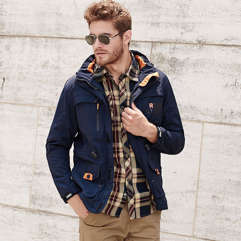 Spring thin Jacket jacket Men's casual outdoor waterproof breathable long hooded stand collar Jackets men 086 - D&A
