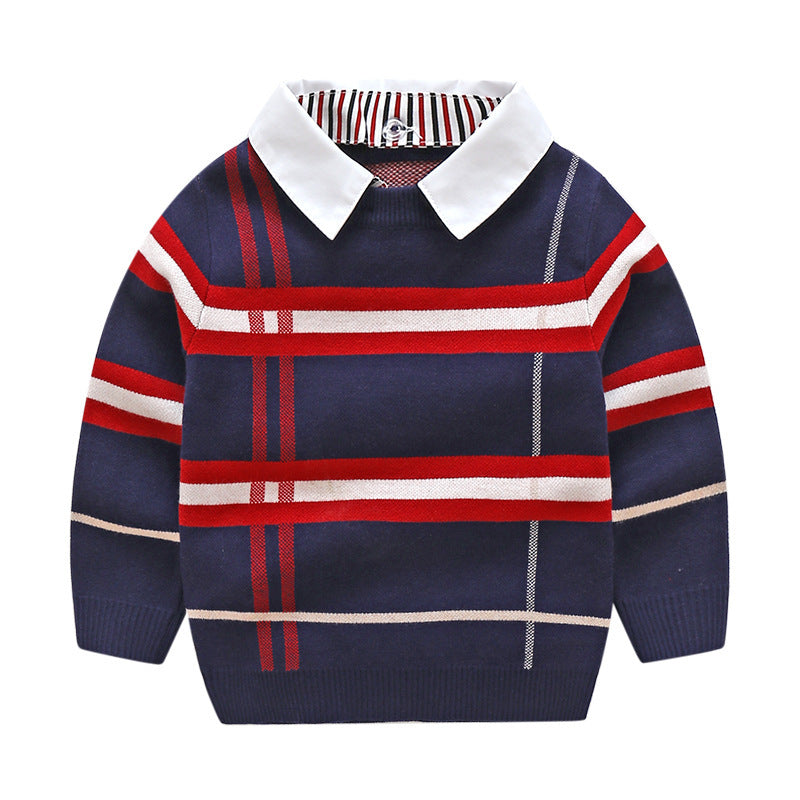 Boys plaid jacquard sweater Navy Blue - D&A