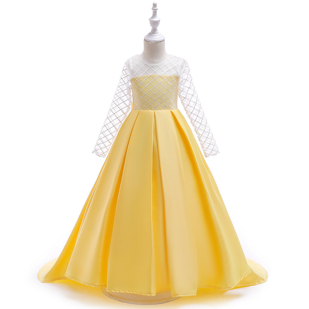Mesh Long Sleeve Trailing Girls' Dress Yellow - D&A