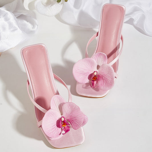 Spring And Summer Meiko Flower Decorative Flip-toe Square Toe High Heel Sandals - D&A