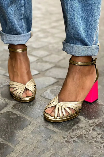 Women's High Heel Fashion Peep Toe Buckle Sandals Golden Rose Red Heel - D&A