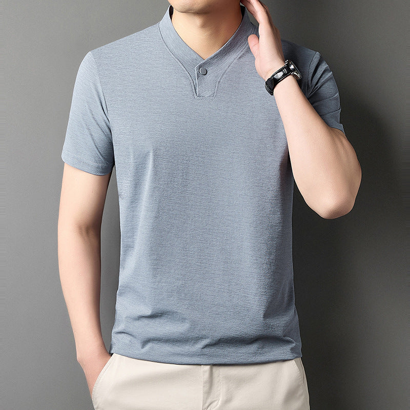 Young Men's Short Sleeve T-shirt Zipper High-grade Casual Summer Wear Blue With One Buckle - D&A