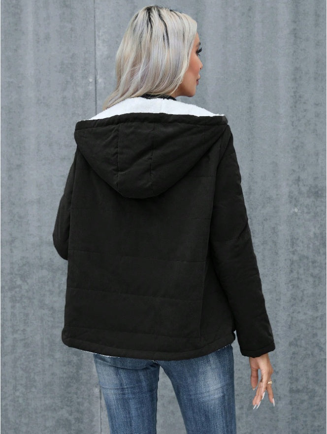 Women's Plain Zipper Front Hooded Fleece Casual Padded Padded Coat - D&A