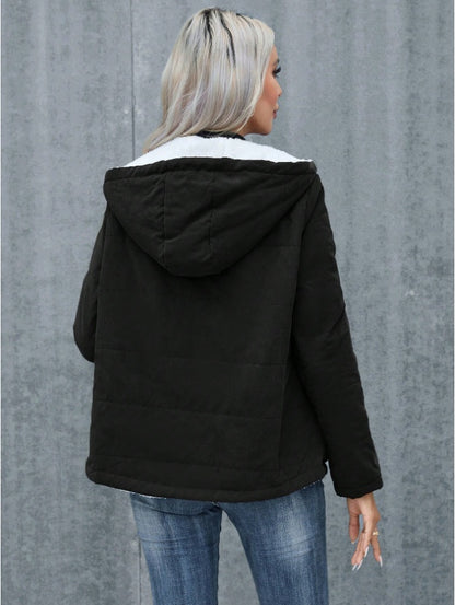 Women's Plain Zipper Front Hooded Fleece Casual Padded Padded Coat - D&A
