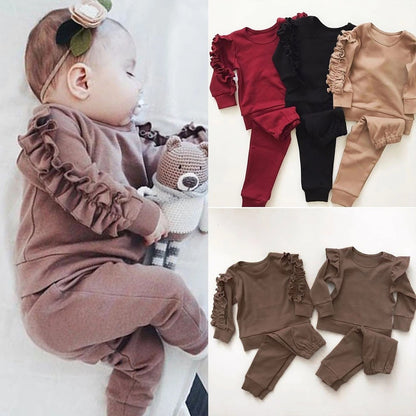 Newborn Baby Boys Girls Ruffles Jumper Solid Long Sleeve Sweatshirt Tops Pants Infant Kids 2Pcs Outfits Clothes Set Fall Clothes - D&A