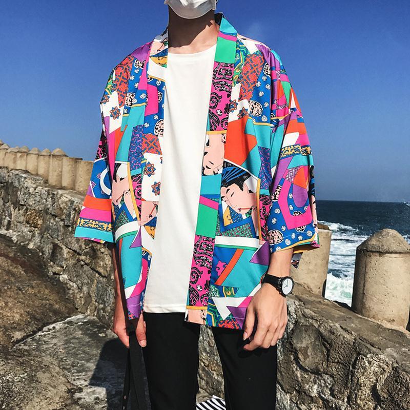 Japanese Style Kimono Jacket Men Summer Sleeve Men's Kimono Jackets harajuku men's cardigan outwear Picture color - D&A