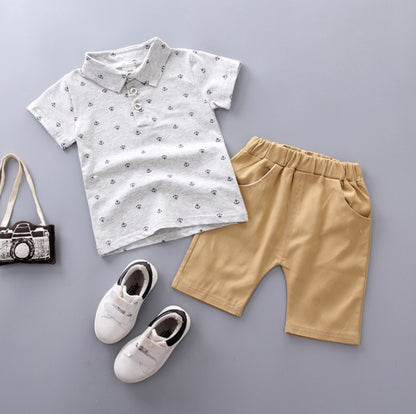 Anchor printed boy boy suit Korean short sleeve spring summer children's wear Gray - D&A