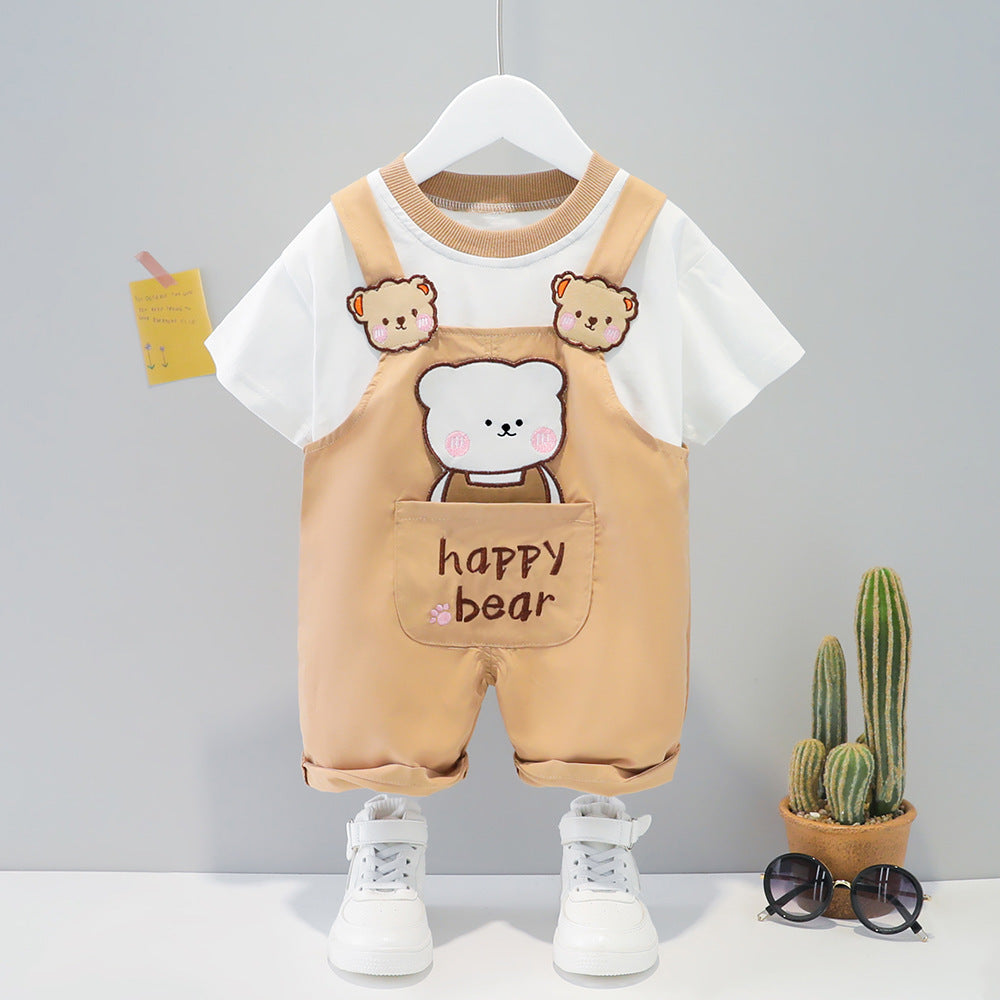 Children's Clothing Men And Women Baby Summer Cartoon Short-sleeved Overalls Khaki - D&A