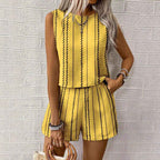 Casual Craft Stripe Printing Sleeveless Tank Top Shorts Suit