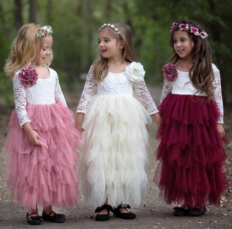 Autumn And Winter Explosions Hollow Children's Skirt Lace Long-sleeved Girls White Princess Dress Irregular Dress - D&A