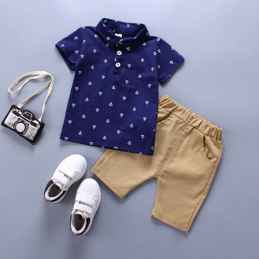 Anchor printed boy boy suit Korean short sleeve spring summer children's wear - D&A