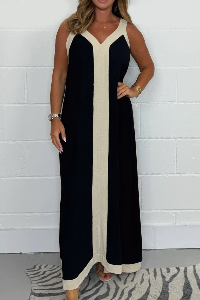 Casual Loose Contrast Color V-neck Sleeveless Long Dress Black 2 - D&A