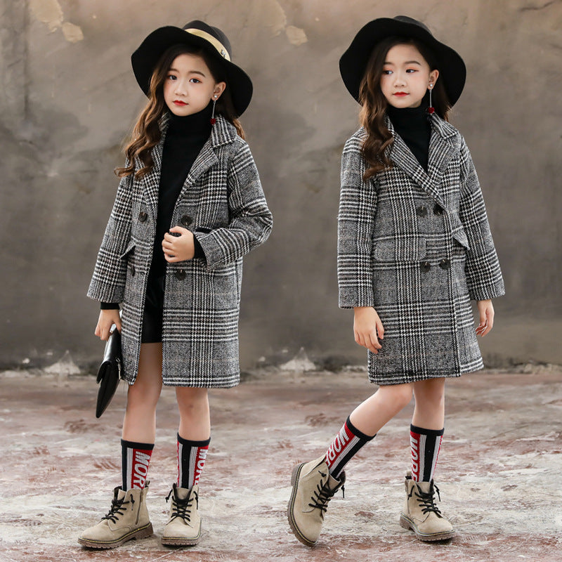 Gray plaid houndstooth coat for girls - D&A
