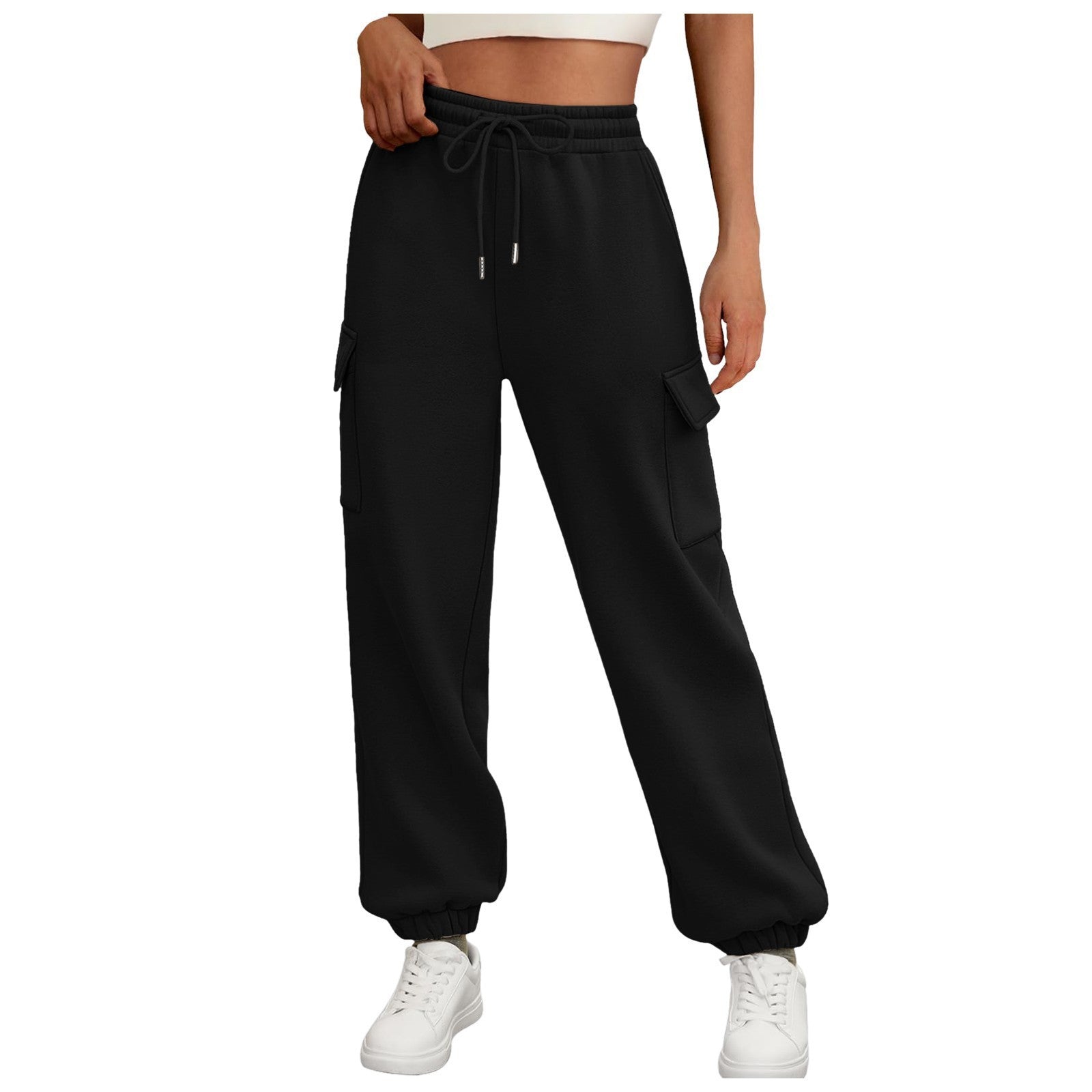 Casual Side Pocket Elastic Waist Solid Color Straight-leg Pants Black - D&A