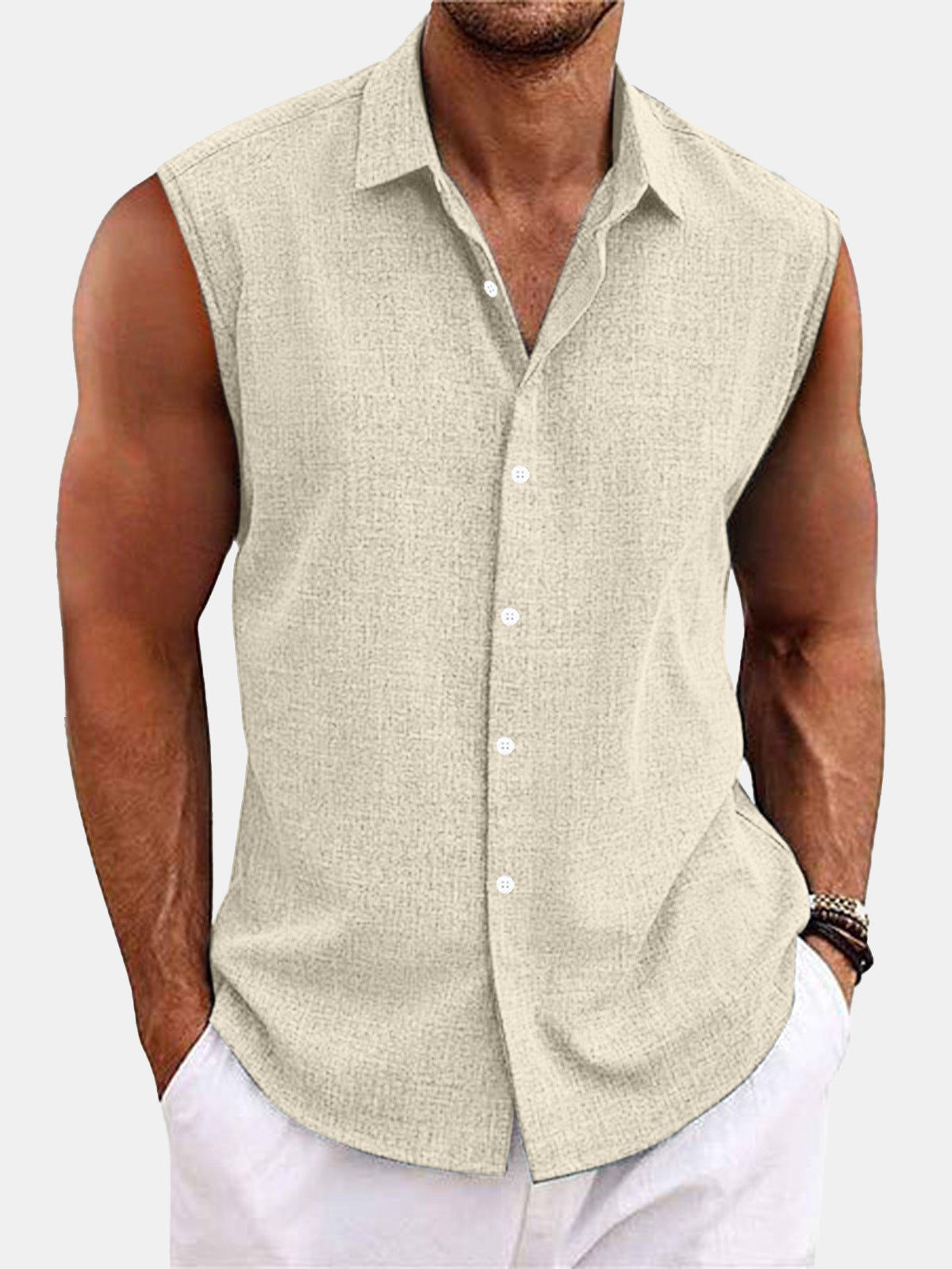 Lapel Beach Sleeveless Shirt Khaki - D&A