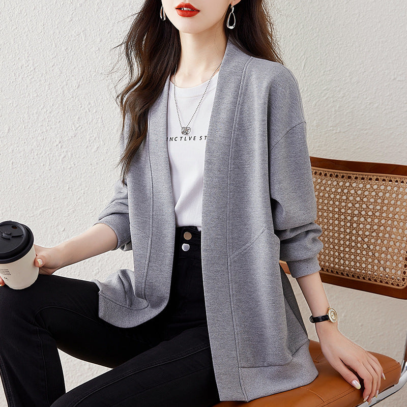 Lazy V-neck Sweatshirt Cardigan Women's Loose Casual Jacket All-matching Drop-shoulder Sleeve - D&A