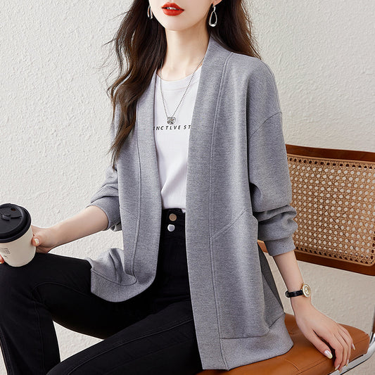 Lazy V-neck Sweatshirt Cardigan Women's Loose Casual Jacket All-matching Drop-shoulder Sleeve - D&A