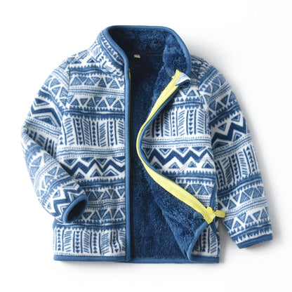 Thick Fur Printed Coats Kids Zipper Blue2 - D&A