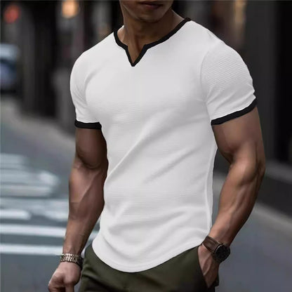 Color-block V Neck Outdoor Sports Waffle T-shirt - D&A