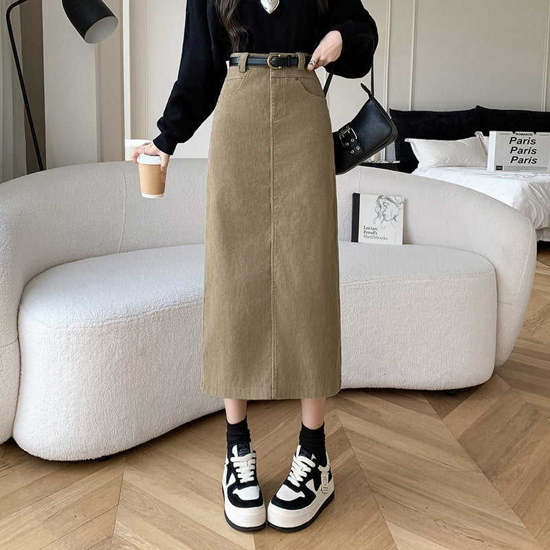 Skirt Retro High Waist A- Line Sheath Straight Skirt Oat Khaki - D&A
