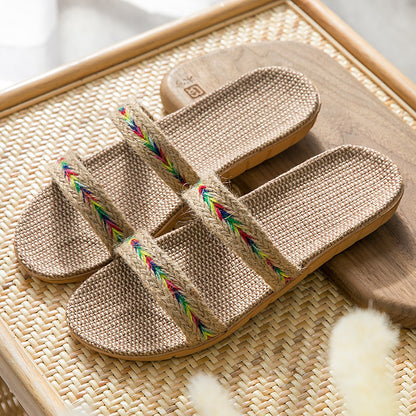 Women's Indoor Floor Platform Non-slip Flip-flops Household Slippers Beige Jacquard Stripes - D&A