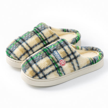Women's Home Plush Warm Non-slip Plaid Cotton Shoes A857 Green - D&A