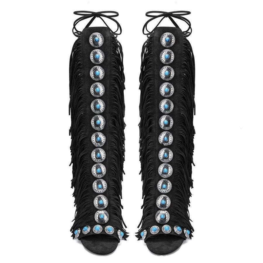 European And American Flowing Comb Beauty High Heel Sandal Boots Strap Plus Size Black - D&A