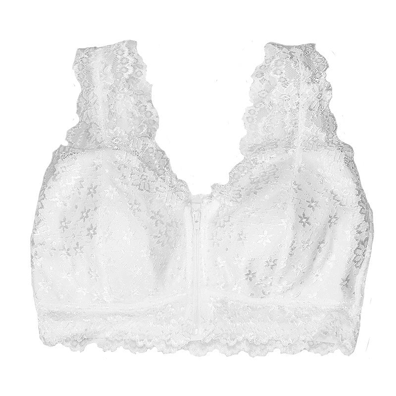 Cross-border Front Buckle Bra Front Zipper Sexy Lace Bra Vest Bra Upper Support Thin Underwear White - D&A