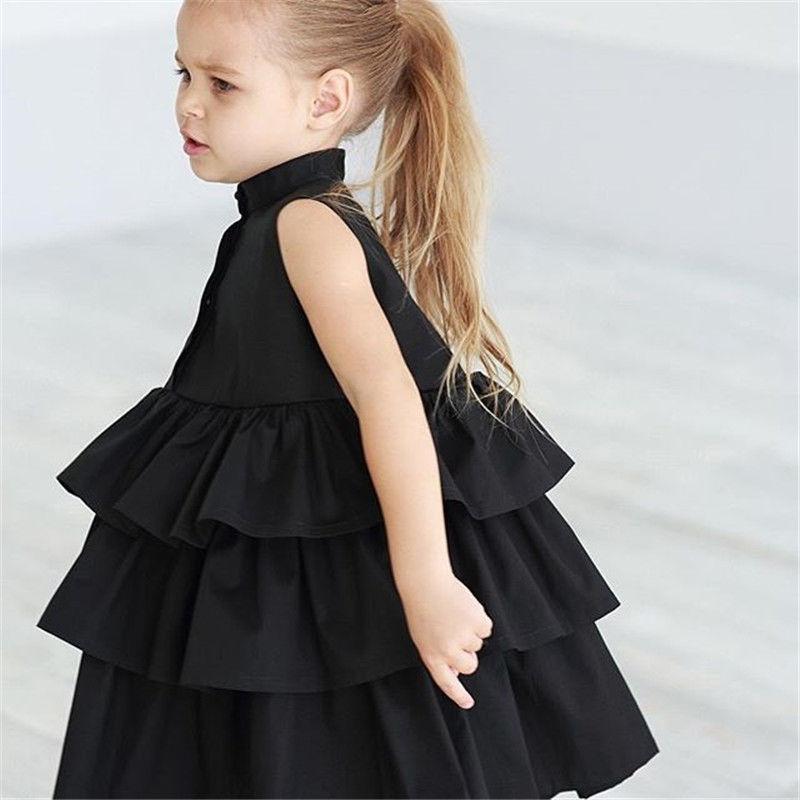 Fashion Simple Solid Color Sleeveless Small And Medium Girl Dress Black - D&A