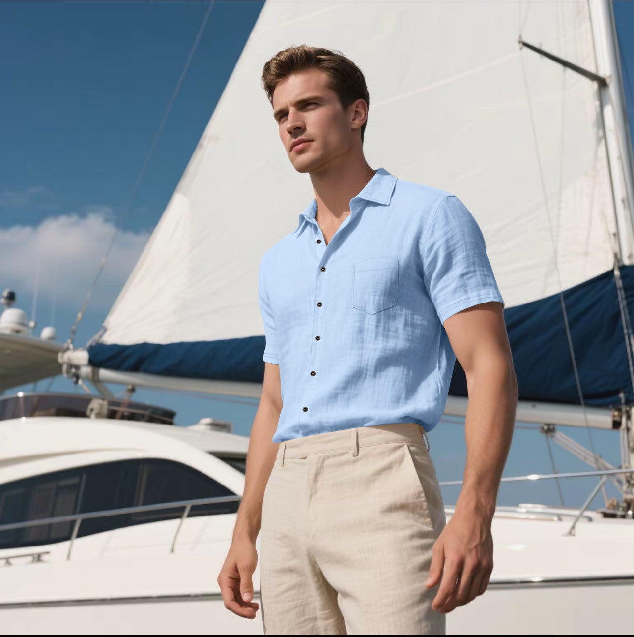 Men's Linen Short-sleeved Shirt Light Blue - D&A