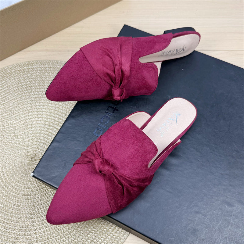 Bow Toe Korean Style Simple Pointed Flat Lazy Half Slippers Wine Red - D&A