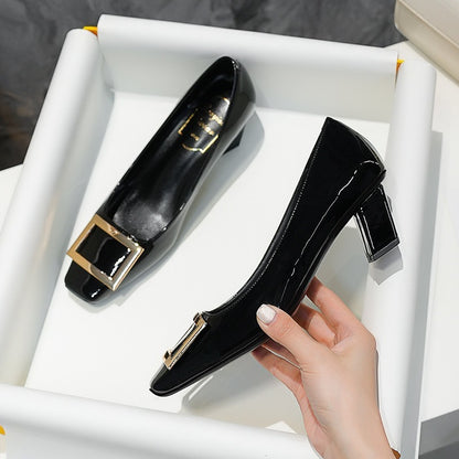 Square Buckle Flats Patent Leather Square Toe Low-cut Shoes Black 4cm - D&A