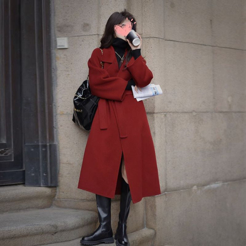 Mid-length Fall Winter Fashion Socialite Below-the-knee Coat Red - D&A