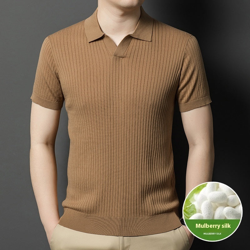 Mulberry Silk T-shirt Men's Short-sleeved Lapel High-end Casual Business Khaki - D&A