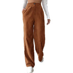 Women's High Waist Casual Pants Solid Color Corduroy Baggy Straight Trousers - D&A