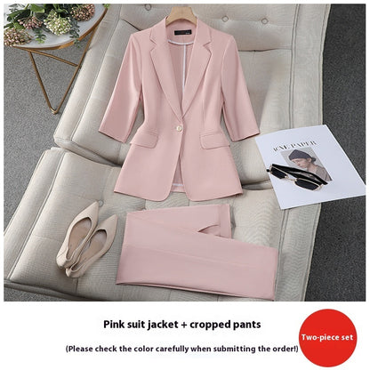 Three-quarter Sleeve Waist Trimming Casual Stylish Thin Suit Pink Suit Pants - D&A