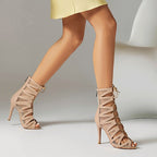 Jazz High Heels Belt Buckle Hollow Mesh Peep Toe Booties - D&A