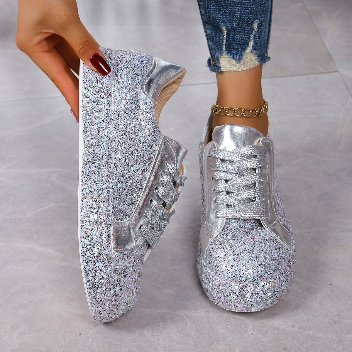 Plus Size Sequins Casual Fashion Shoes Women Front Lace Up Sneaker Women - D&A