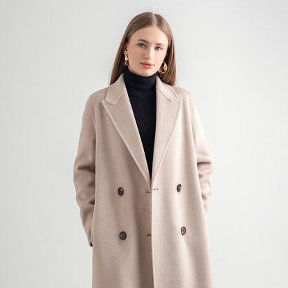 Women's Mid-length Woolen Wool Overcoat Coat Oatmeal Color - D&A