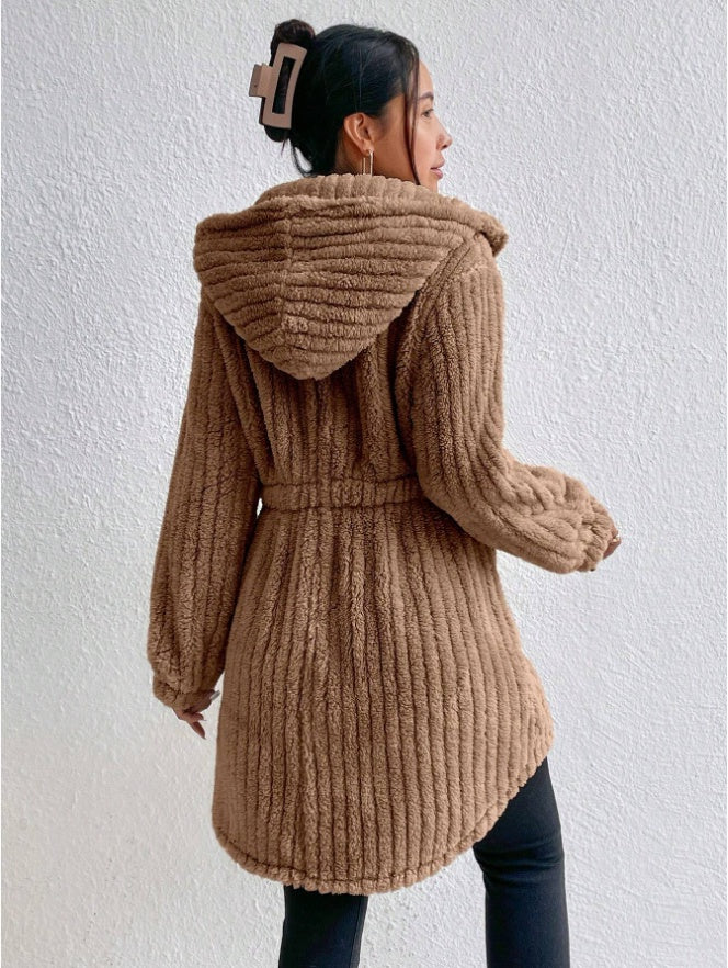 Button Front Hooded Teddy Coat - D&A